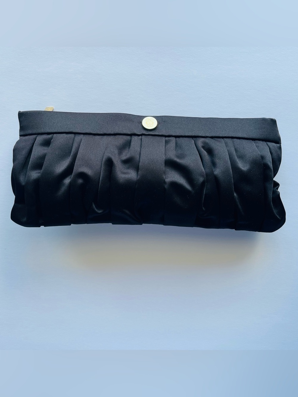 New Guerlain Paris Black Satin Evening Clutch Makeup Cosmetic Bag Gold logo